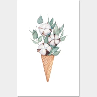 Cotton and eucalyptus bouquet in the waffle cone. Posters and Art